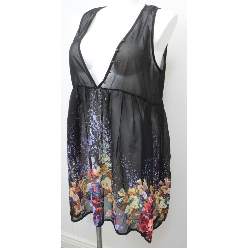 Umgee Dress Size LG Wildflowers Black Floral Cottage Babydoll Fairy Tunic Womens